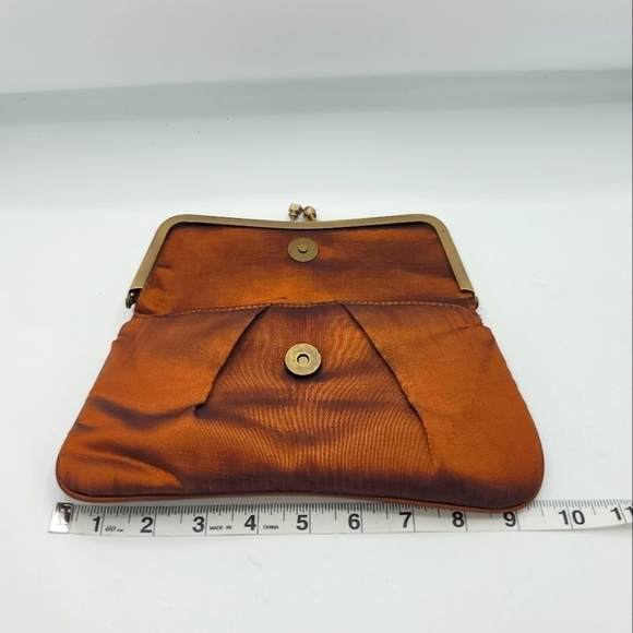 Vintage Burnt Copper Satin Fold-Over Clutch | Rhinestone Flower Details